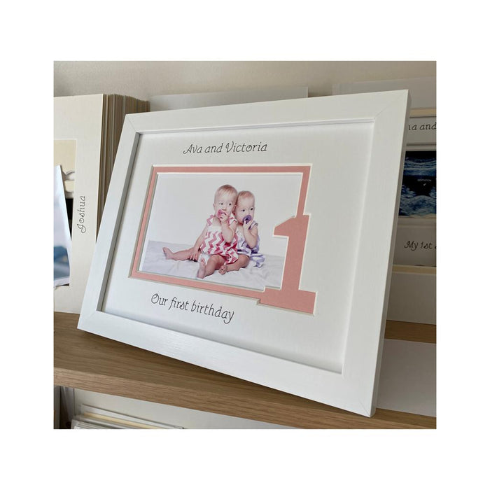 Twin Triplet Sisters First Birthday Picture Frame, White or Pink
