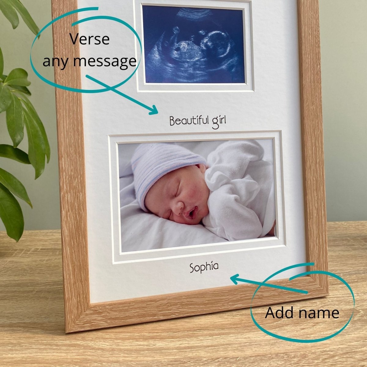 Custom message, baby light brown frame